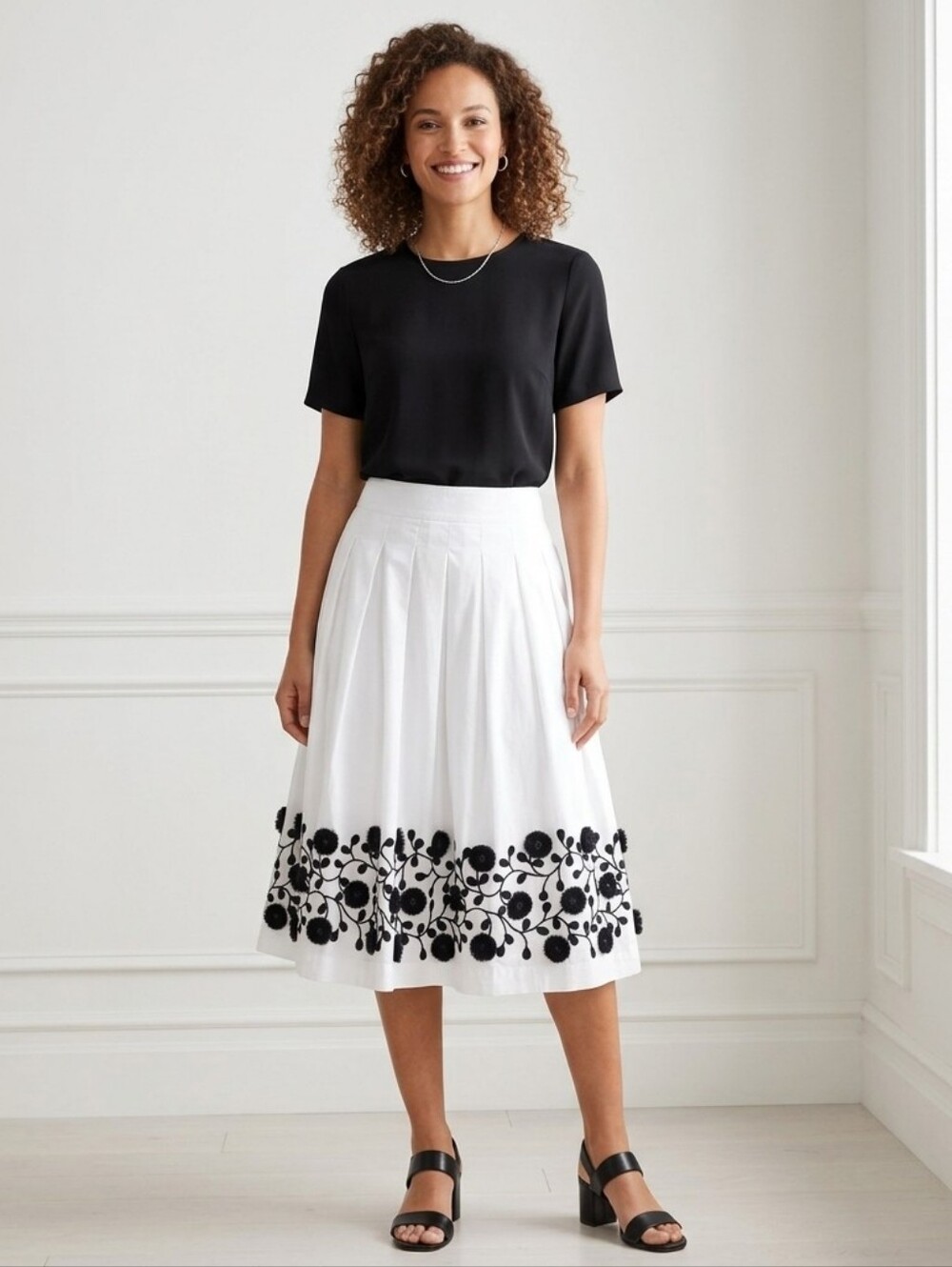 Talbots White A-Line Skirt with Black Floral Design